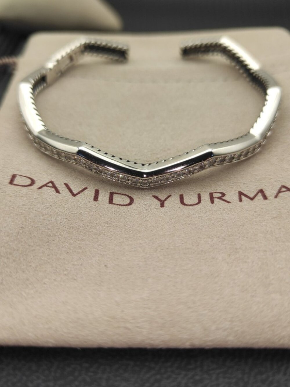 David Yurman Silver 5mm Single-Row Diamond Cuff Bracelet